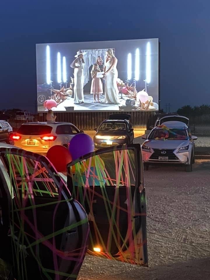couple at drive in wedding
